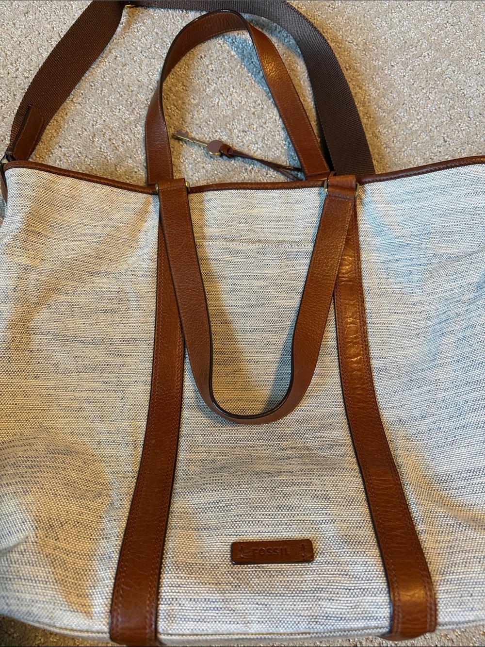 Fossil Beige Canvas and Brown Leather Laptop Tote